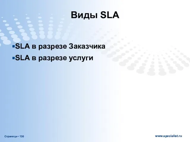 Виды SLA SLA в разрезе Заказчика SLA в разрезе услуги