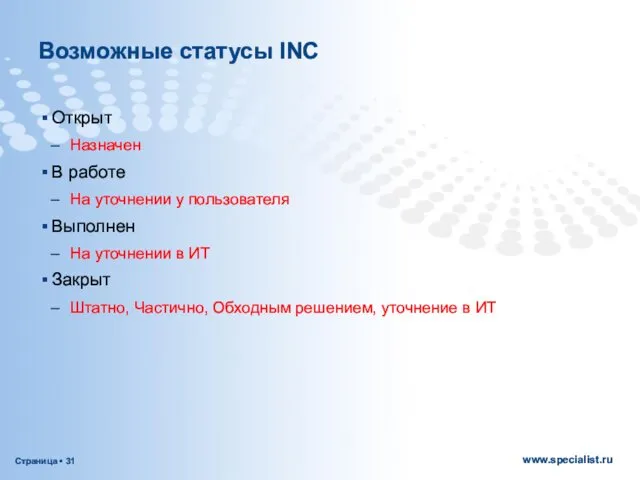 Возможные статусы INC Открыт Назначен В работе На уточнении у пользователя