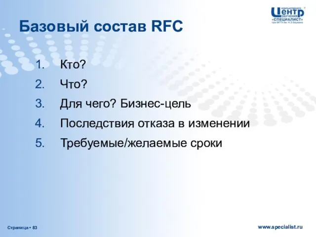 Базовый состав RFC Кто? Что? Для чего? Бизнес-цель Последствия отказа в изменении Требуемые/желаемые сроки