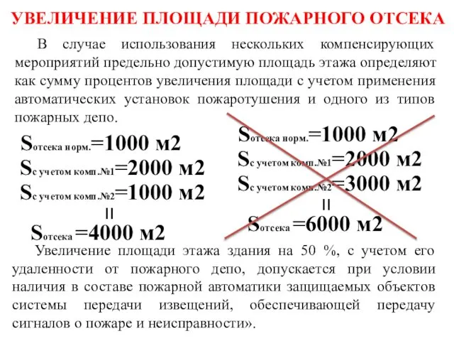 УВЕЛИЧЕНИЕ ПЛОЩАДИ ПОЖАРНОГО ОТСЕКА В случае использования нескольких компенсирующих мероприятий предельно