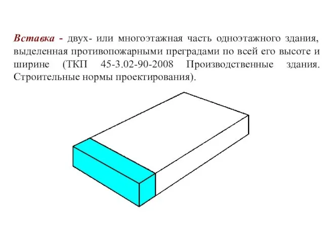 Вставка - двух- или многоэтажная часть одноэтажного здания, выделенная противопожарными преградами