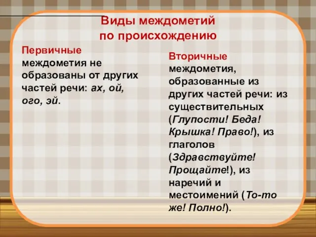 Виды междометий по происхождению Первичные междометия не образованы от других частей