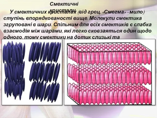 Смектичні кристали У смектичних кристалах (від грец. «Смегма» - мило) ступінь