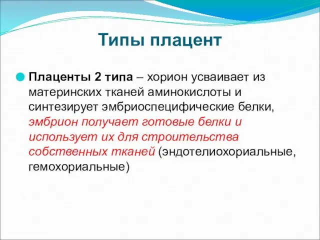 Типы плацент Плаценты 2 типа – хорион усваивает из материнских тканей