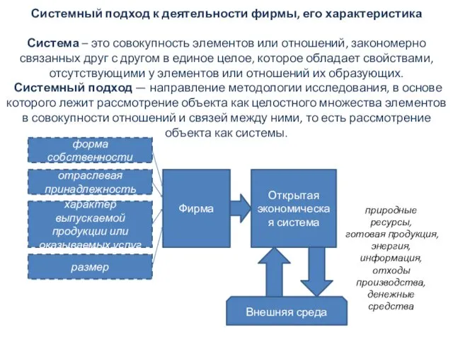 Системный подход к деятельности фирмы, его характеристика Система – это совокупность