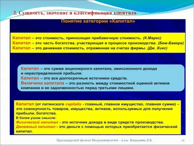 Краснодарский филиал Финуниверситета – к.э.н. Болдырева Л.В. 2. Сущность, значение и классификация капитала