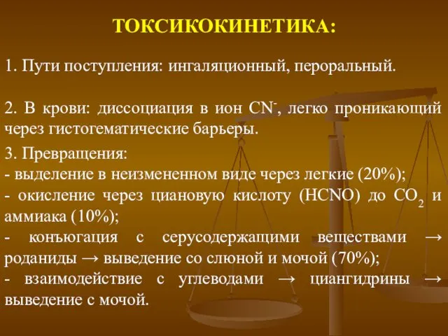 ТОКСИКОКИНЕТИКА: 1. Пути поступления: ингаляционный, пероральный. 3. Превращения: - выделение в