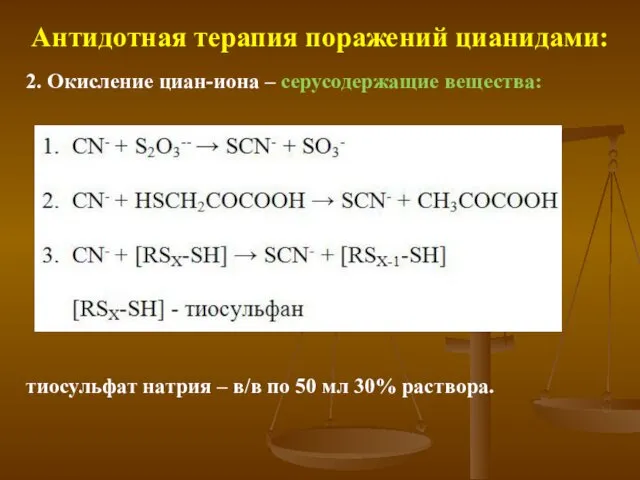 Антидотная терапия поражений цианидами: 2. Окисление циан-иона – серусодержащие вещества: тиосульфат