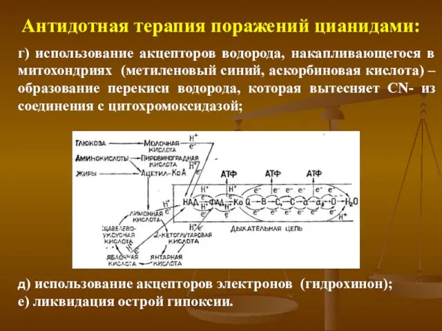 Антидотная терапия поражений цианидами: г) использование акцепторов водорода, накапливающегося в митохондриях