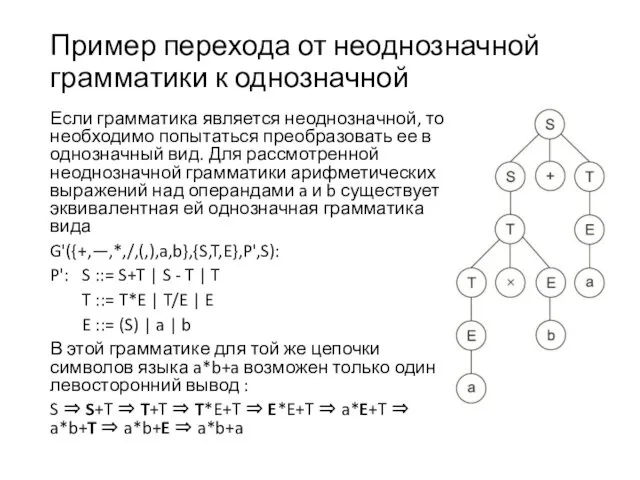 Пример перехода от неоднозначной грамматики к однозначной Если грамматика является неоднозначной,