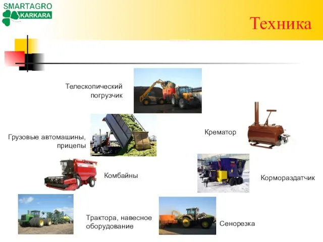 Техника Телескопический погрузчик Кормораздатчик Комбайны Трактора, навесное оборудование Сенорезка Грузовые автомашины, прицепы Крематор