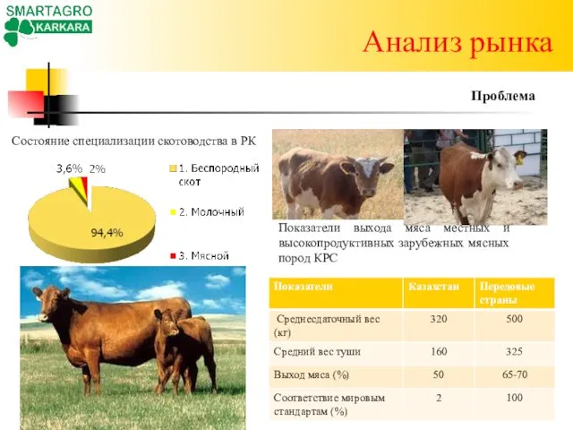 Анализ рынка Проблема Состояние специализации скотоводства в РК Показатели выхода мяса