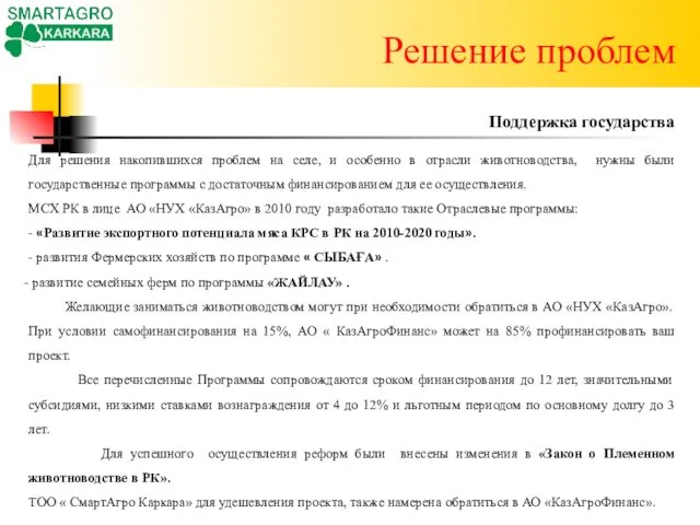 Решение проблем Поддержка государства Для решения накопившихся проблем на селе, и