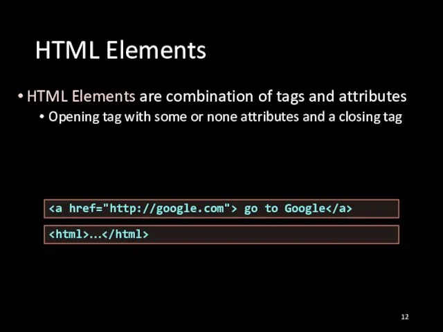 HTML Elements HTML Elements are combination of tags and attributes Opening