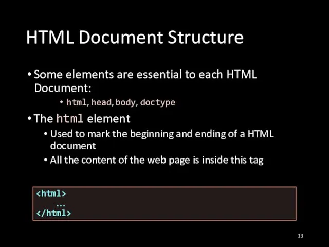 HTML Document Structure Some elements are essential to each HTML Document: