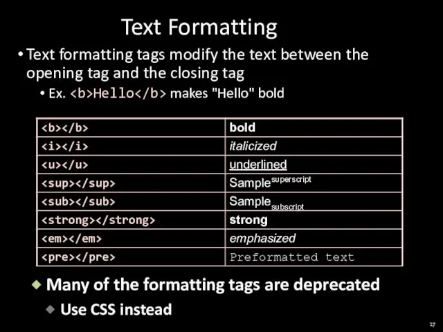 Text Formatting Text formatting tags modify the text between the opening