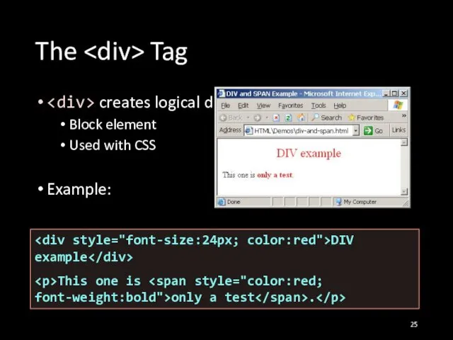 The Tag creates logical divisions within a page Block element Used