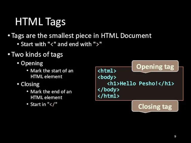 HTML Tags Tags are the smallest piece in HTML Document Start