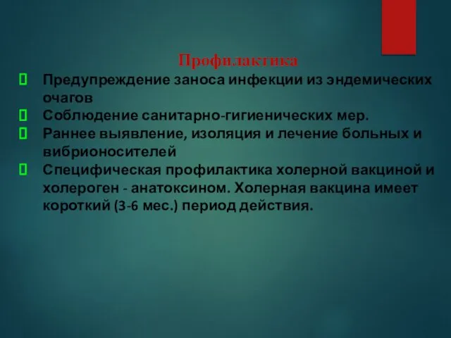 Профилактика Предупреждение заноса инфекции из эндемических очагов Соблюдение санитарно-гигиенических мер. Раннее