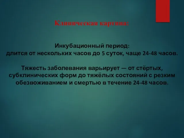 Инкубационный период: длится от нескольких часов до 5 суток, чаще 24-48