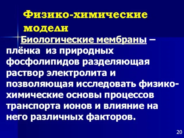 Физико-химические модели Биологические мембраны – плёнка из природных фосфолипидов разделяющая раствор