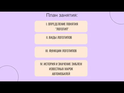 План занятия: I. ОПРЕДЕЛЕНИЕ ПОНЯТИЯ "ЛОГОТИП" II. ВИДЫ ЛОГОТИПОВ III. ФУНКЦИИ