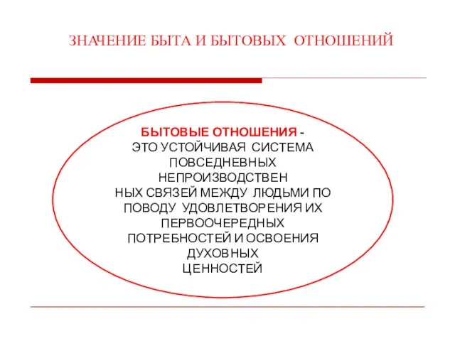 ЗНАЧЕНИЕ БЫТА И БЫТОВЫХ ОТНОШЕНИЙ БЫТОВЫЕ ОТНОШЕНИЯ - ЭТО УСТОЙЧИВАЯ СИСТЕМА