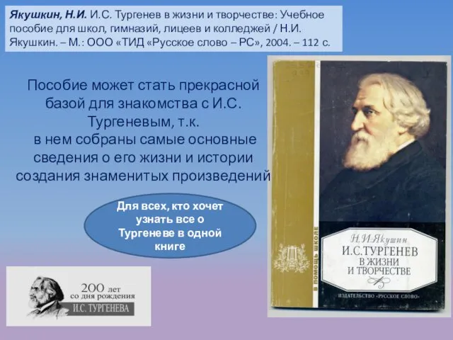 Якушкин, Н.И. И.С. Тургенев в жизни и творчестве: Учебное пособие для