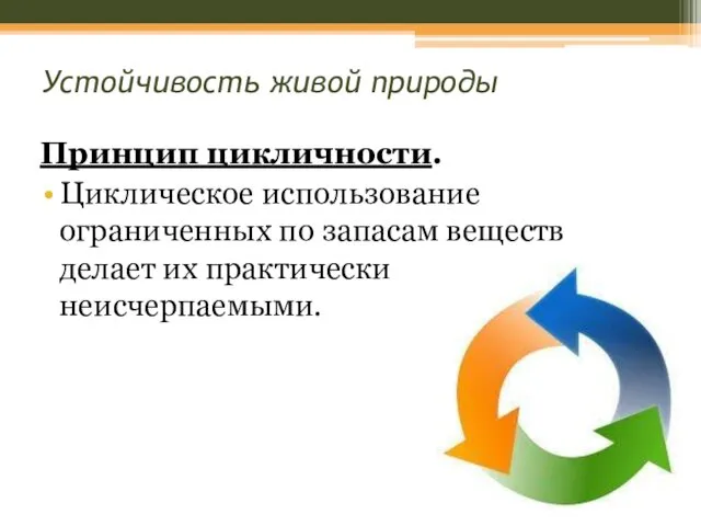 Устойчивость живой природы Принцип цикличности. Циклическое использование ограниченных по запасам веществ делает их практически неисчерпаемыми.