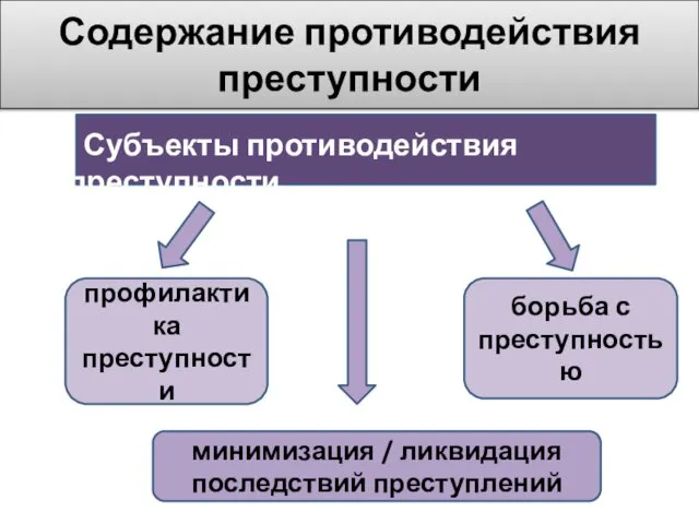 Субъекты противодействия преступности Содержание противодействия преступности профилактика преступности минимизация / ликвидация последствий преступлений борьба с преступностью