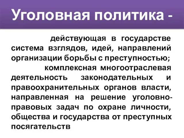 Уголовная политика - действующая в государстве система взглядов, идей, направлений организации