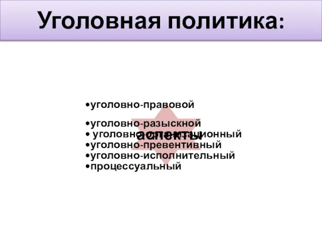 Уголовная политика: уголовно-правовой уголовно-разыскной уголовно-организационный уголовно-превентивный уголовно-исполнительный процессуальный аспекты