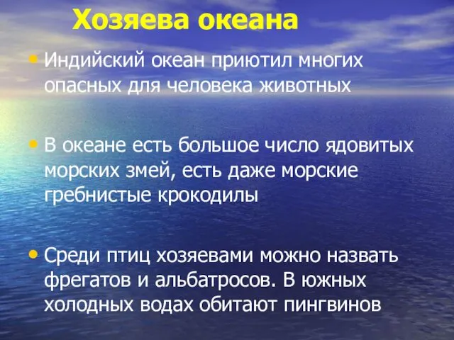 Хозяева океана Индийский океан приютил многих опасных для человека животных В