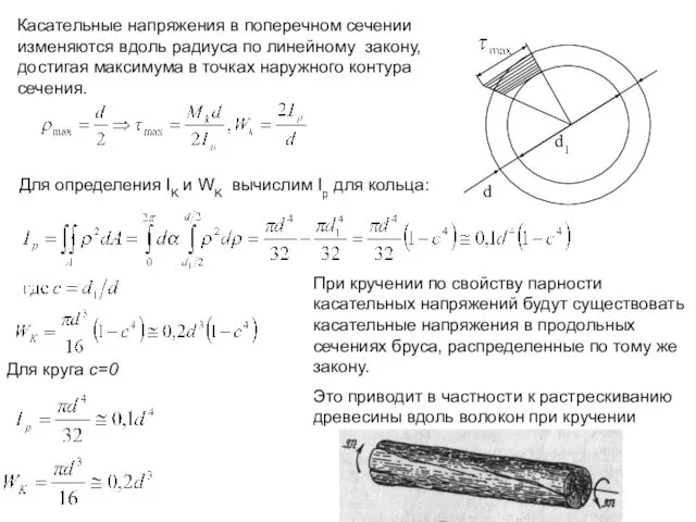 Касательные напряжения в поперечном сечении изменяются вдоль радиуса по линейному закону,