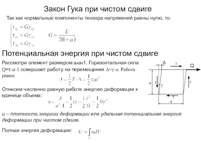 Закон Гука при чистом сдвиге Так как нормальные компоненты тензора напряжений