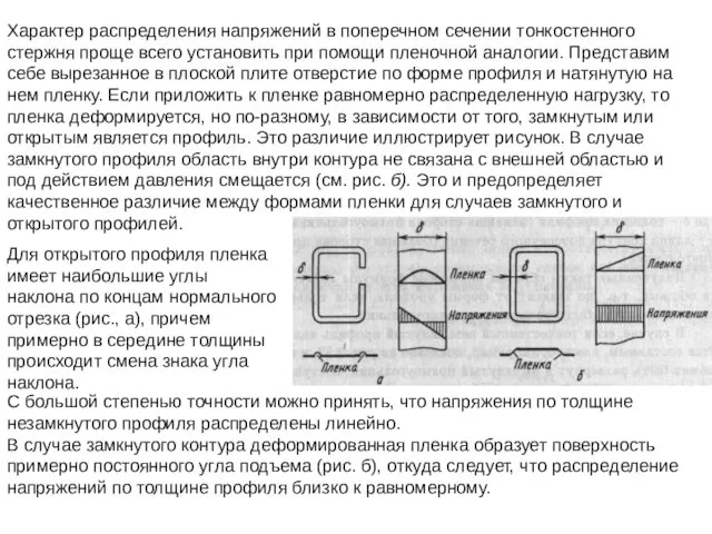 Характер распределения напряжений в поперечном сечении тонкостенного стержня проще всего установить