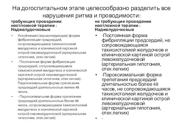 На догоспитальном этапе целесообразно разделить все нарушения ритма и проводимости: требующие