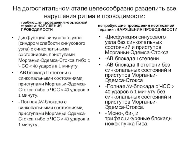 На догоспитальном этапе целесообразно разделить все нарушения ритма и проводимости: требующие