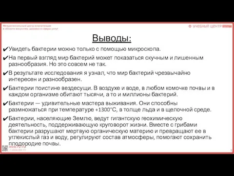 Выводы: Увидеть бактерии можно только с помощью микроскопа. На первый взгляд