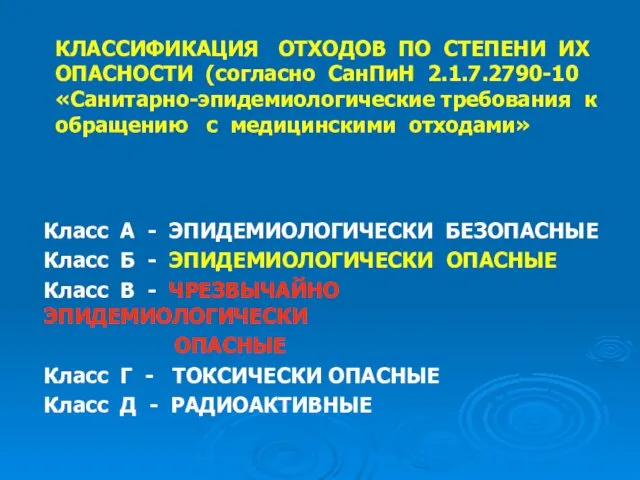 КЛАССИФИКАЦИЯ ОТХОДОВ ПО СТЕПЕНИ ИХ ОПАСНОСТИ (согласно СанПиН 2.1.7.2790-10 «Санитарно-эпидемиологические требования