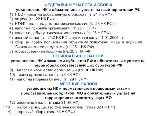 ФЕДЕРАЛЬНЫЕ НАЛОГИ И СБОРЫ установлены НК и обязательны к уплате на