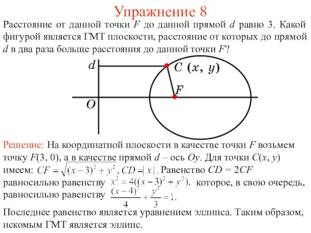 Упражнение 8 Решение: На координатной плоскости в качестве точки F возьмем