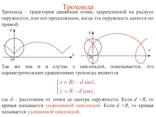 Трохоида Трохоида – траектория движения точки, закрепленной на радиусе окружности, или