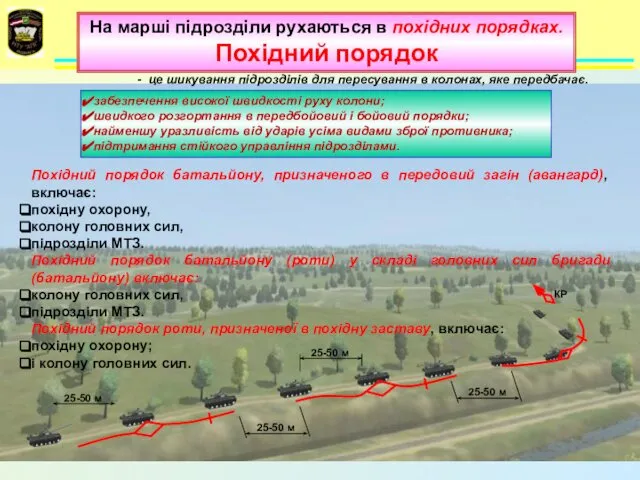 забезпечення високої швидкості руху колони; швидкого розгортання в передбойовий і бойовий