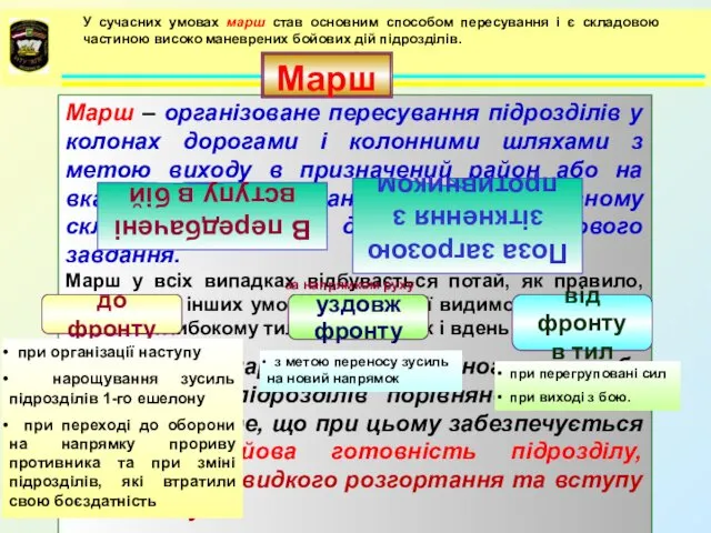 Марш – організоване пересування підрозділів у колонах дорогами і колонними шляхами