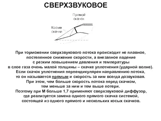 СВЕРХЗВУКОВОЕ При торможении сверхзвукового потока происходит не плавное, постепенное снижение скорости,