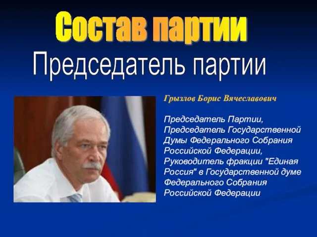 Председатель партии Грызлов Борис Вячеславович Председатель Партии, Председатель Государственной Думы Федерального