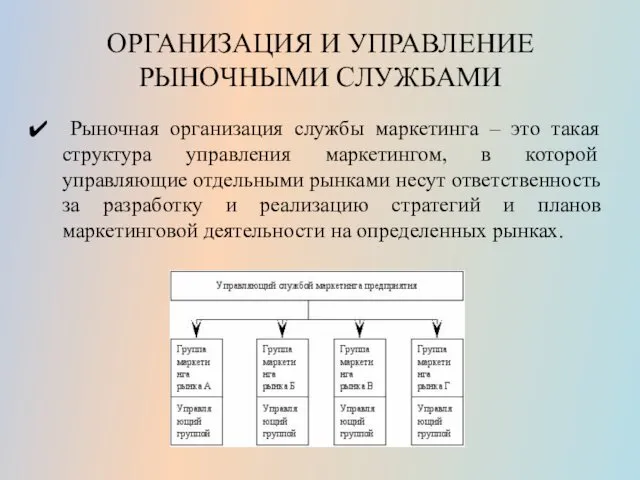 ОРГАНИЗАЦИЯ И УПРАВЛЕНИЕ РЫНОЧНЫМИ СЛУЖБАМИ Рыночная организация службы маркетинга – это