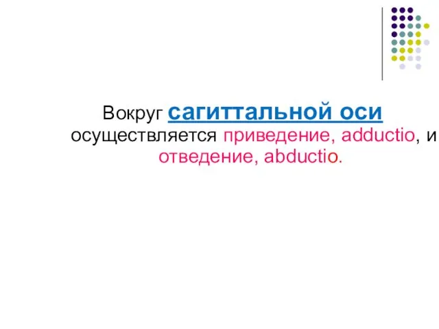 Вокруг сагиттальной оси осуществляется приведение, adductio, и отведение, abductio.