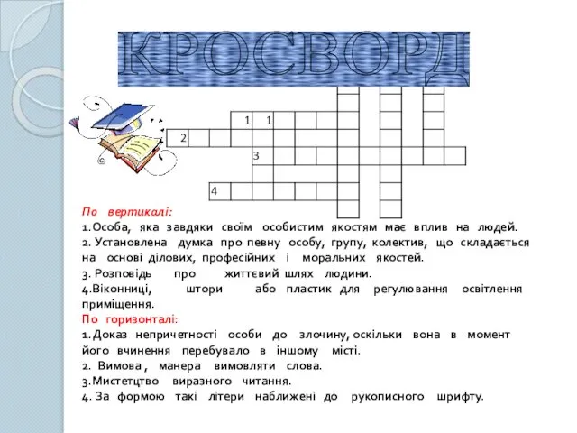 По вертикалі: 1.Особа, яка завдяки своїм особистим якостям має вплив на